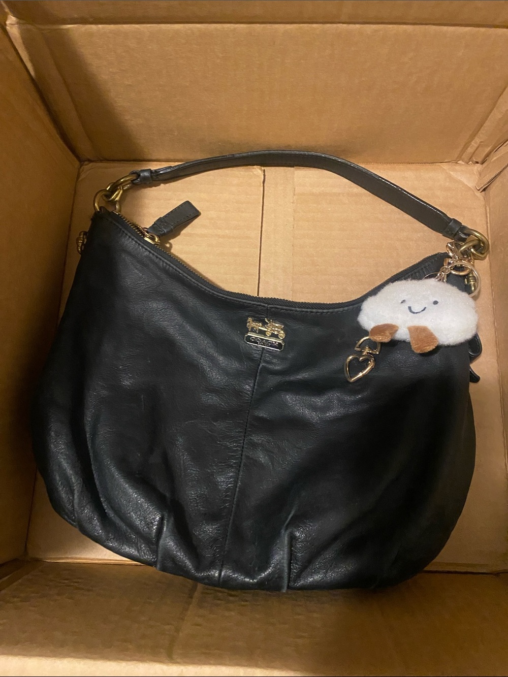 Coach Black Pebbled Leather Shoulder Bag with Plush Charm
